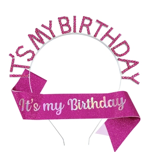 Pink rhinestone IT'S MY BIRTHDAY metal headband and matching glitter sash set