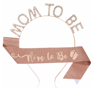 Rose gold Mom to Be headband and glitter sash set for baby shower party decorations