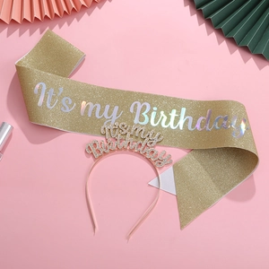 Sparkling rhinestone birthday headband set with golden glitter sash for celebration