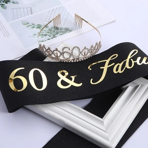 Detail of 60 & Fabulous black glitter sash and sparkling rhinestone tiara set