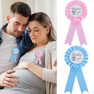 Mommy To Be Daddy To Be Baby Shower Rosette Badges Elephant Heart Print Satin Ribbon Pin For Gender Reveal Party Decoration
