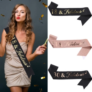 Detail of glitter birthday sash featuring gold foil 18 21 30 & Fabulous text in black and rose gold