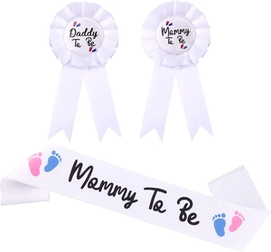 White Baby Shower kit with Mommy to Be sash and matching Daddy To Be badges set