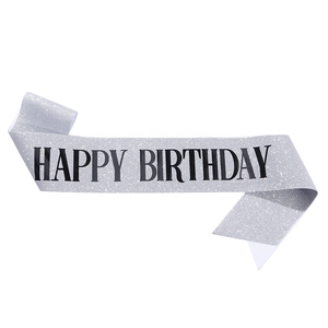 Fascia di compleanno glitterata argento con scritta nera HAPPY BIRTHDAY per feste