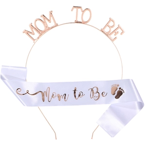 Roségoldenes Mom to Be Metall-Haarreif und weiße Satinschärpe für Babyparty-Set