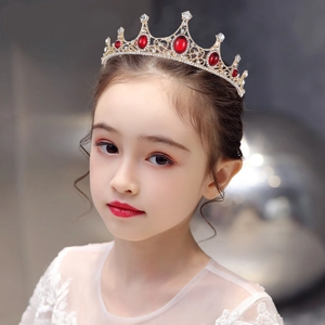 Baroque gold flower girl crown with red rhinestones and crystals for wedding party