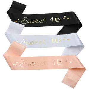 Satin Sweet 16 birthday sash set in black, white and pink with gold foil lettering