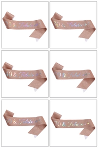 Détails des écharpes d'anniversaire or rose avec lettrage d'âge holographique