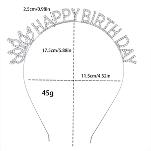 Detailed dimensions of silver rhinestone Happy Birthday crown headband for party wear