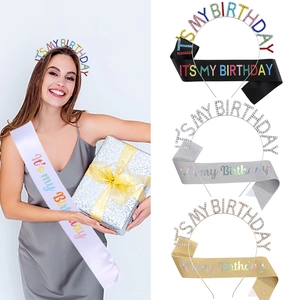 Rhinestone Letter Headband And Satin Glitter Sash Set For Women Birthday Party Celebration Tiara Headpiece Jewelry