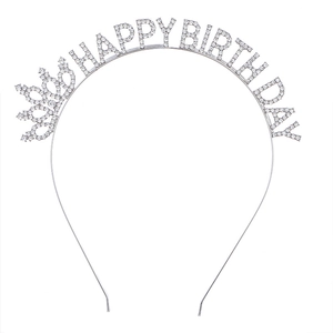 Macro shot of silver metal birthday headband with crown detail and inlaid rhinestones