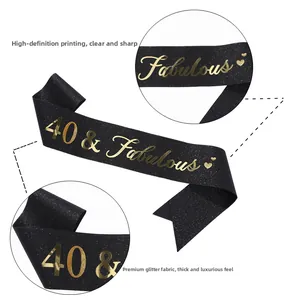 Detail of black glitter 40 & Fabulous sash showing high-quality gold foil printing texture