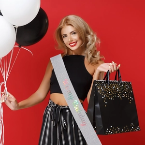 Sparkling silver glitter sash with colorful It's my Birthday text for party celebration