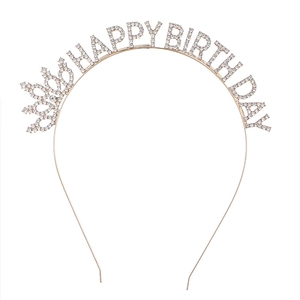 Golden Happy Birthday headband with white rhinestones and a crown for party girls