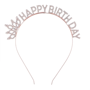 Rose gold Happy Birthday headband with rhinestones and mini crown for party hair