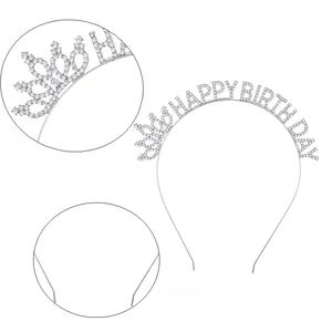 Macro view of silver birthday headband with AAA sparkling rhinestones and crown detail