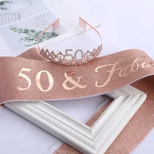 Rose gold 50th birthday tiara and 50 & Fabulous glitter sash set for women party