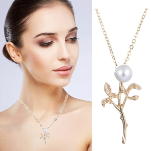 Elegant Alloy Faux Artificial Pearl Leaf Pendant Long Necklace For Women Branch Design Adjustable Sweater Chain