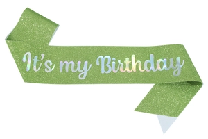 Detail of green glitter sash with holographic It's my Birthday text for party decor