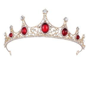 Baroque Vintage Red Rhinestone Crown Tiara Gold Alloy Wedding Bridal Hair Accessories Birthday Party Headwear For Women