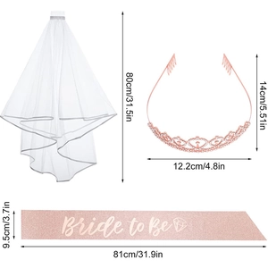 Detailed dimensions for Bride to Be sash, tiara, and veil bachelorette set with measurements