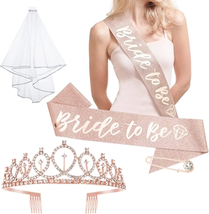 Rose gold bride to be sash and veil set with rhinestone crown for bachelorette parties