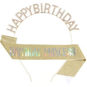 Λεπτομέρεια από χρυσή στέκα Happy Birthday με στρας και glitter κορδέλα Birthday Princess