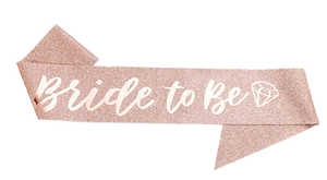 Rose gold glitter sash with Bride to Be white artistic lettering and diamond graphic