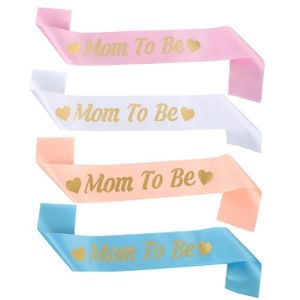 Detail of Mom To Be satin sashes in pink white orange and blue with gold foil text
