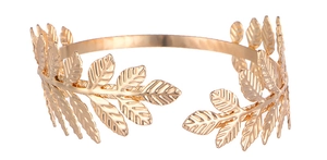 Detailed close-up of golden laurel leaf arm cuff featuring intricate vein textures