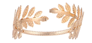 Detail of golden laurel leaf crown with intricate grid texture on the metal headband
