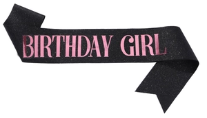 Écharpe Birthday Girl noire scintillante avec lettres roses pour fête d'anniversaire
