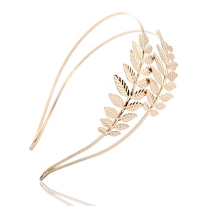 Detail of golden laurel leaf metal headband featuring dual-ring structure and leaf texture