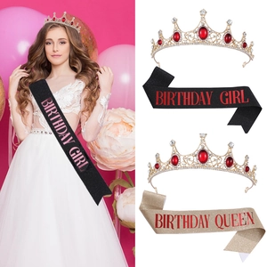 Ensemble Couronne et Écharpe d'Anniversaire pour Femmes Diadème en Strass Coiffe Birthday Girl Queen Écharpe Pailletée Cadeaux de Fête