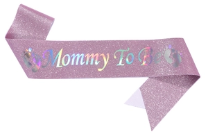 Pink glitter sash with holographic Mommy To Be text and cute footprints for baby shower
