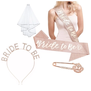 Rose gold 4-piece bachelorette party set with tiara, sash, veil and bride to be pin
