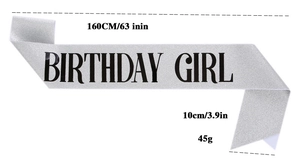 Fascia di compleanno argento glitterata con scritta Birthday Girl e misura di 160cm