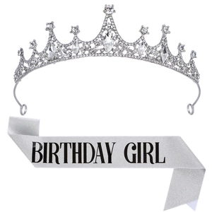 Set tiara di compleanno in cristallo argento e fascia glitter Birthday Girl