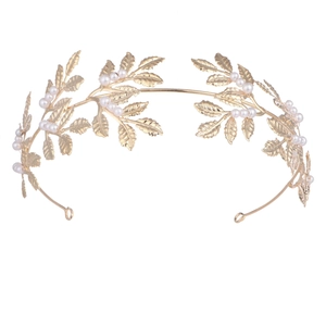 Elegant gold laurel wreath headband with white pearls for bridal and wedding parties