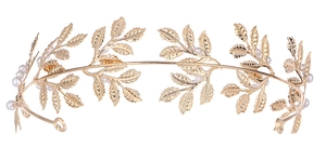 Detailed close-up of golden laurel leaf bridal tiara with elegant white pearl accents
