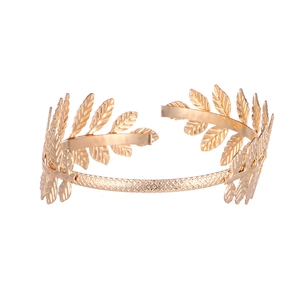 Golden laurel leaf open bracelet with detailed metal texture in Greek style