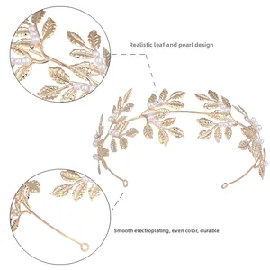 Detailed close-up of golden metal leaf texture and white pearls on the bridal headband