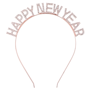 Detailed macro view of rose gold Happy New Year headband with sparkling crystal rhinestones