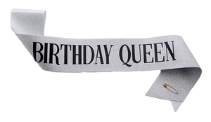 Fascia Birthday Queen in argento glitterato con trama scintillante e scritte nere