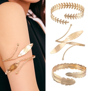Baroque Vintage Gold Leaf Feather Arm Cuff For Women Adjustable Metal Armlet Greek Goddess Style Fashion Jewelry Arm Band