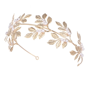 Elegant gold leaf bridal headband with white pearls for weddings and parties