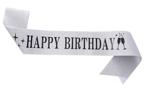 Fascia di compleanno in glitter argento con scritta Happy Birthday e icone a tema