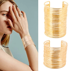 Fashion Punk Copper Wire Multi Layer Wide Open Cuff Bracelet Bohemian Vintage Hollow Metal Arm Bangle Jewelry For Women