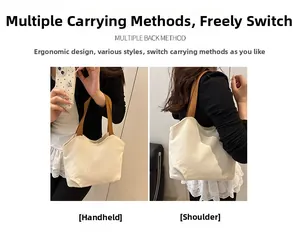 Detail of cream canvas tote bag showing brown handles and versatile shoulder strap styles