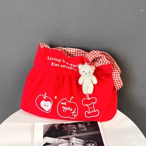 Women's Large Capacity Canvas Tote Bag Red Travel Handbag With Apple Print Gingham Shoulder Straps And Teddy Bear Pendant Cute Casual Shoulder Bag
